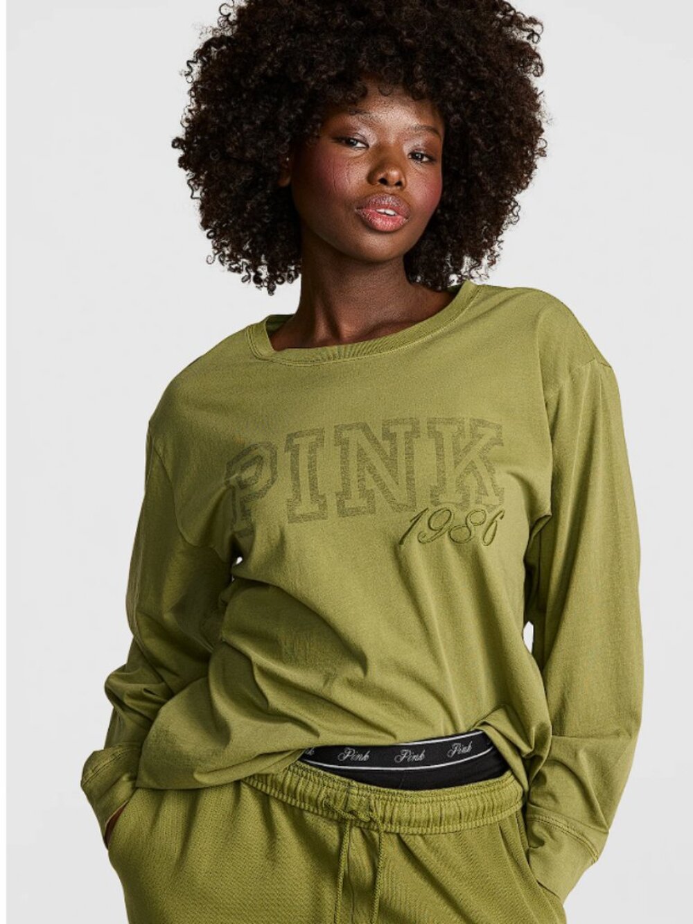 Victoria's Secret PINK Campus Cotton Long-Sleeve Tee Olive green Logo (M) NWT!